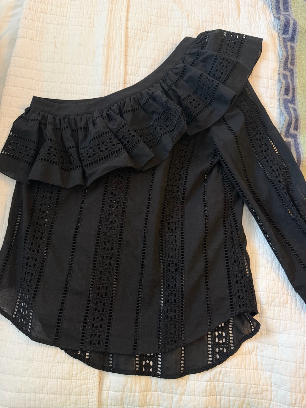 Veronica Beard Black One-Shoulder Eyelet Ruffle Blouse